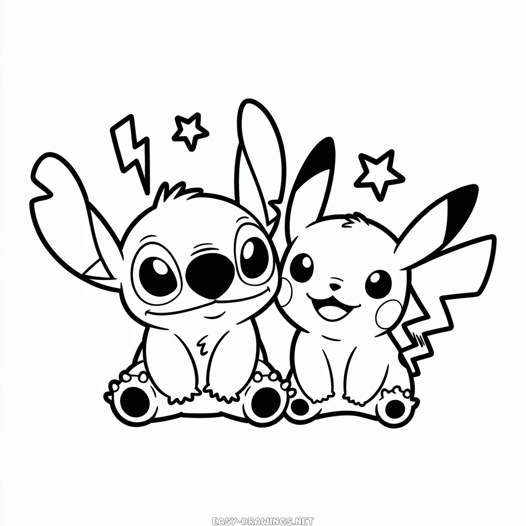 Stitch and Pikachu Easy Drawing