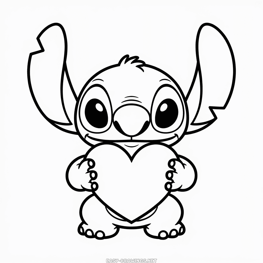 Stitch Holding a Heart Easy Drawing