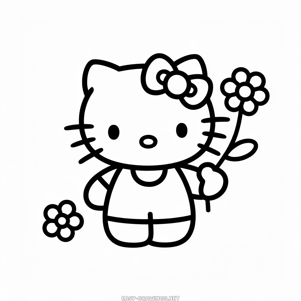 Hello Kitty Holding Flower Easy Drawing