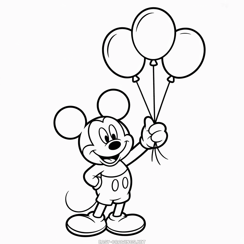 Mickey Mouse Holding Balloons Easy Drawing