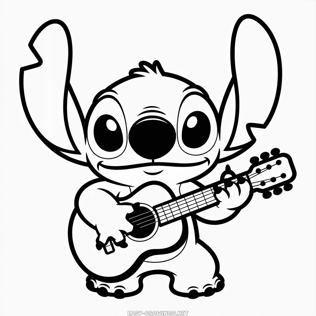 Stitch Playing Guitar Easy Drawing