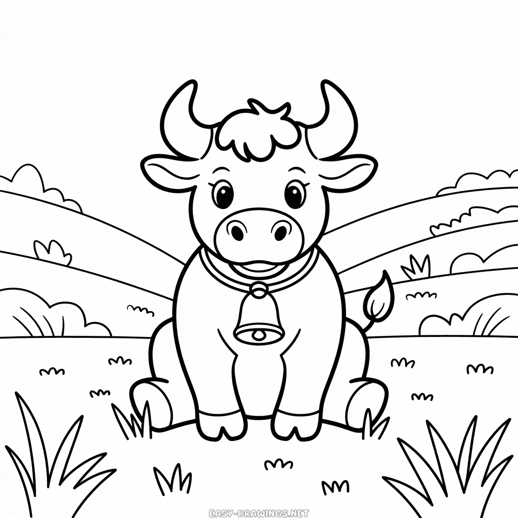 Bull in grass Easy Drawing