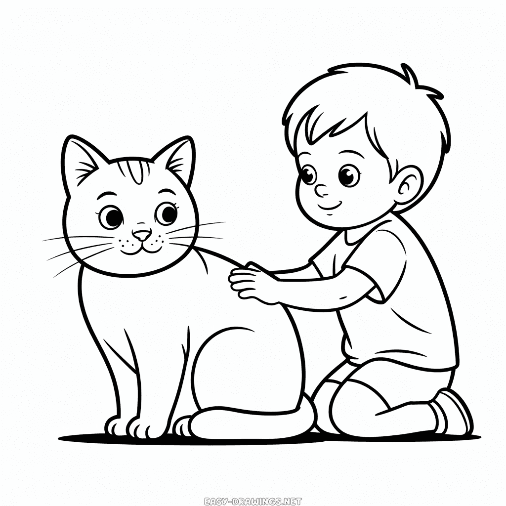 Cat with Kid Easy Drawing