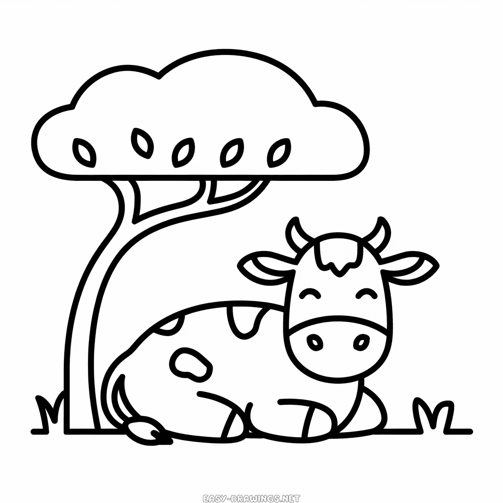 Cow under tree Easy Drawing