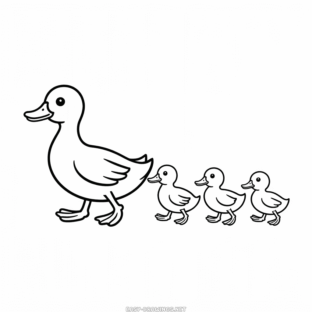 Duck and Ducklings walking Easy Drawing