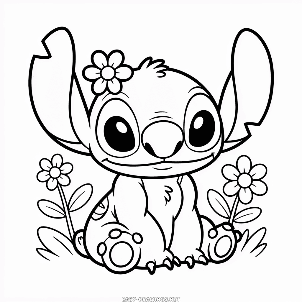 Cute Stitch and Flowers Easy Drawing