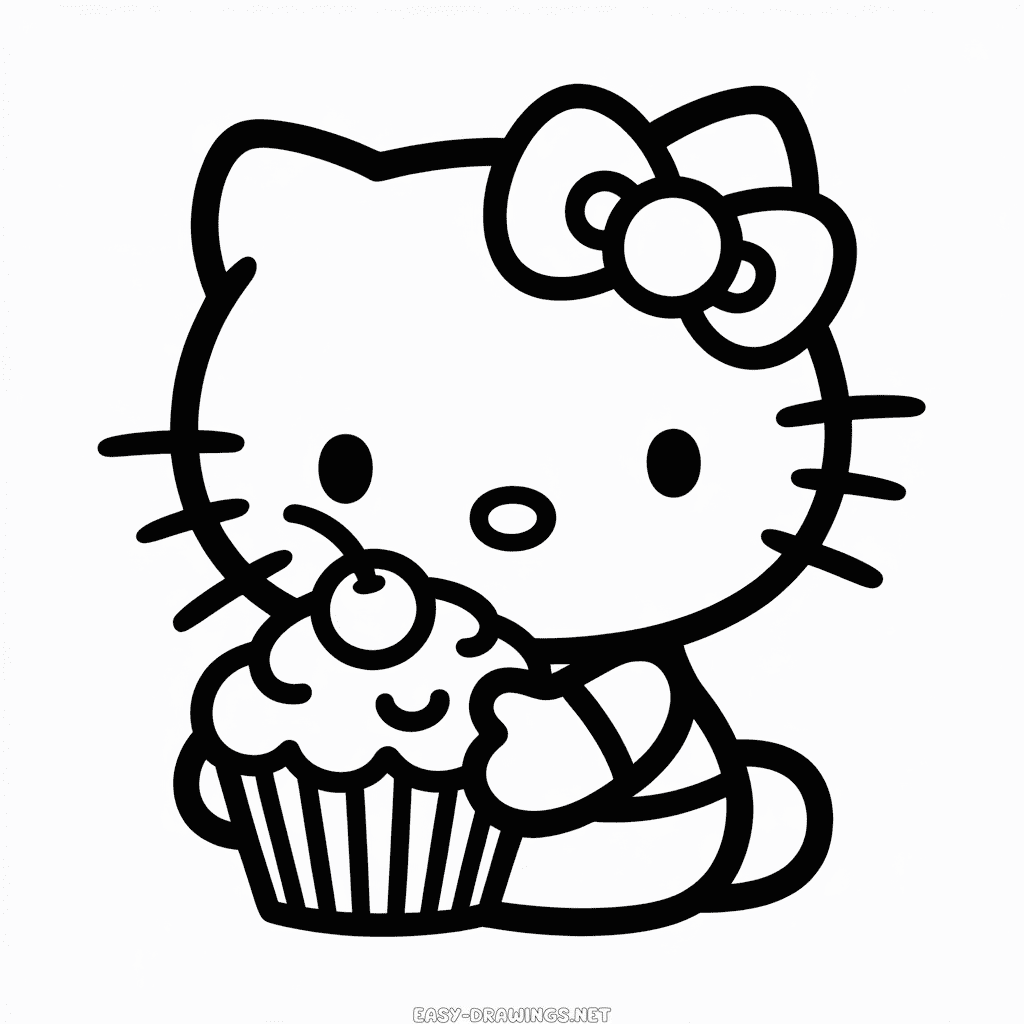 Hello Kitty and Cupcake Easy Drawing