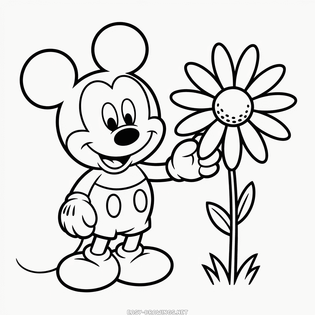 Mickey Mouse and Flower Easy Drawing