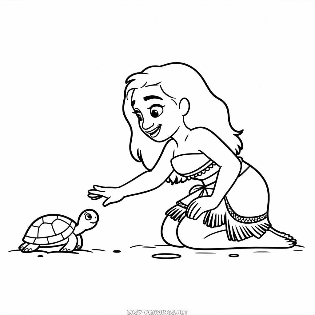 Moana with Turtle Easy Drawing