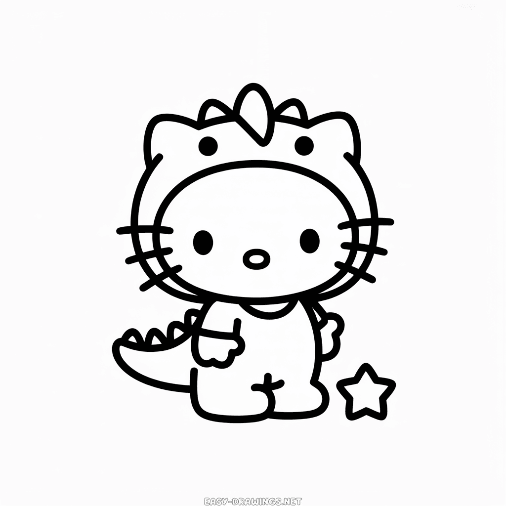 Hello Kitty in Dinosaur Costume Easy Drawing