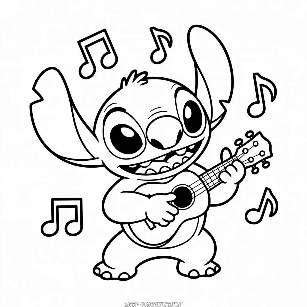 Stitch Playing Guitar Easy Drawing