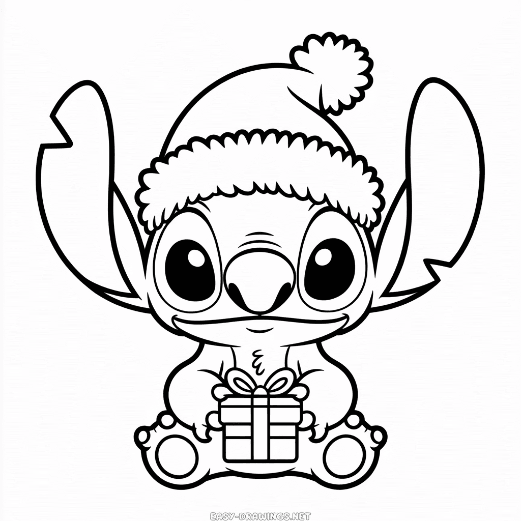 Stitch with Christmas Hat Easy Drawing