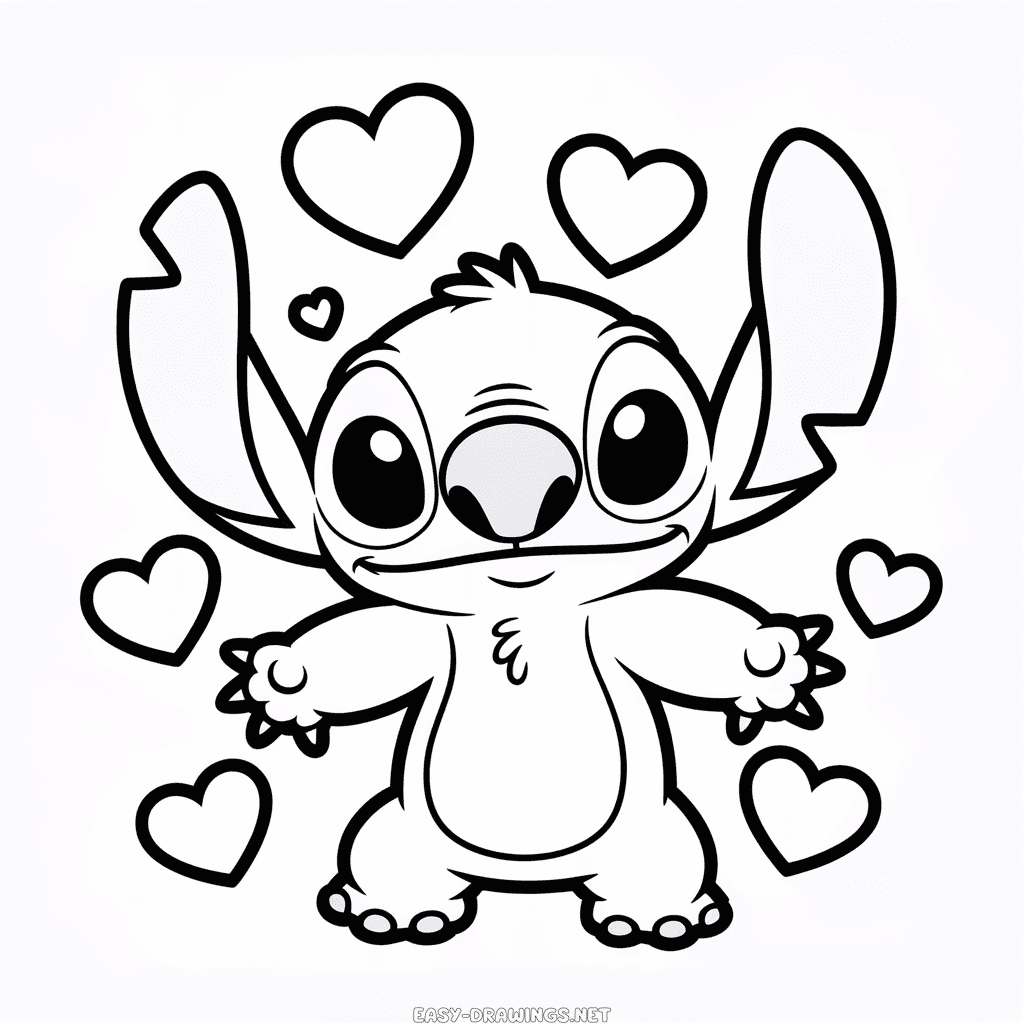 Stitch with Hearts Easy Drawing